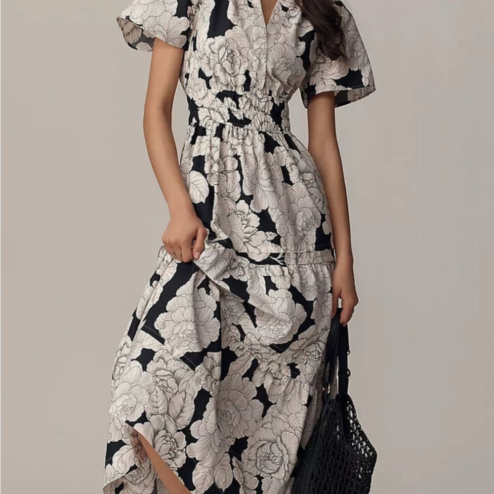 Anthropologie Black and Cream Floral Somerset Maxi Dress